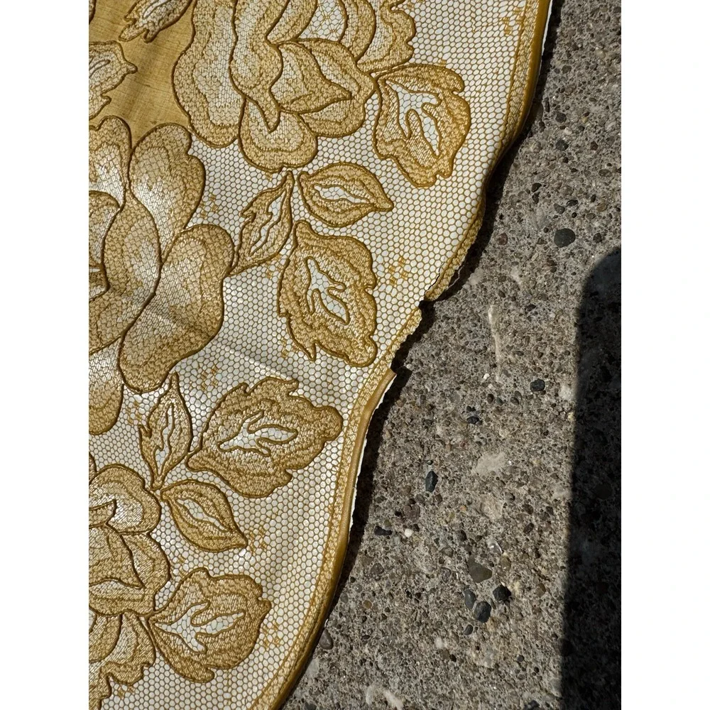 Vintage Mustard Yellow 90x60 Vinyl/Oil Cloth Backing Damask Table Cloth 1950-70